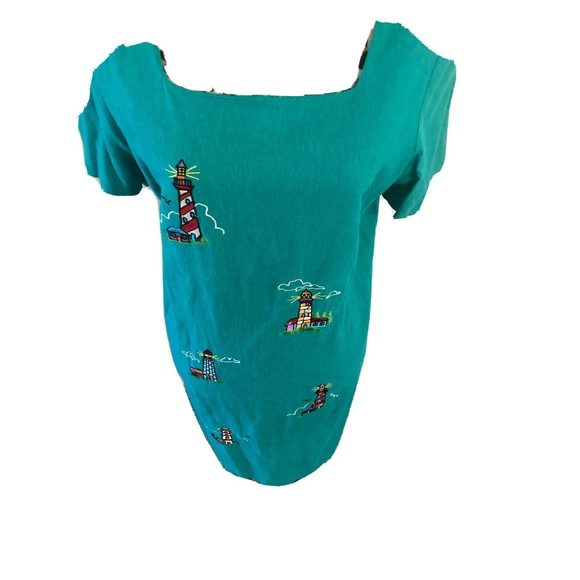 Country Concepts Dress M Teal Green Linen Cotton Midi Shift Lighthouse Solid - Picture 5 of 8